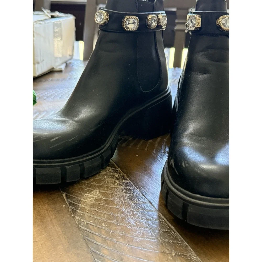 Black Chelsea Boots Embellished with Crystals Chunky Lug Sole Size 8M - Picture 7 of 10